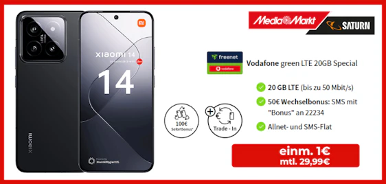 Xiaomi 14 eff. gratis holen! Im Vodafone green LTE Tarif mit 20GB LTE für 29,99€ mtl.