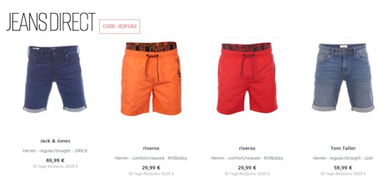 3 für 2 Aktion auf Shorts bei jeans-direct - z.B. Tom Tailor Herren Jeans Short Josh Regular Slim Fit für 0€
