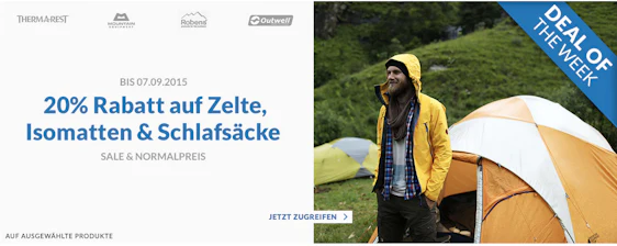 20% Rabatt auf diverse Campingartikel bei Engelhorn - günstige Schlafsäcke, Zelte und Isomatten