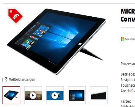MICROSOFT Surface 3 - Windows 10 Convertible 128 GB 10.8 Zoll für nur 629 € bei MEDIA MARKT