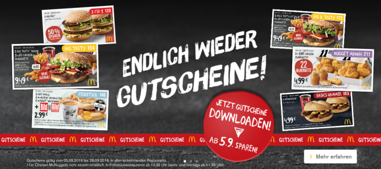 McDonalds Gutscheine September 2016 - neues PDF zum Download - 50% Rabatt auf Filet-o-Fisch, Chicken Nuggets, Big Mac uvm.