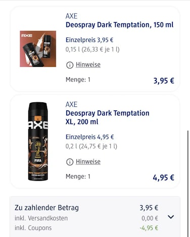 AXE Deospray Dark Temptation 150ml bei DM kaufen und AXE Deospray Dark Temptation 200ml gratis dazu erhalten