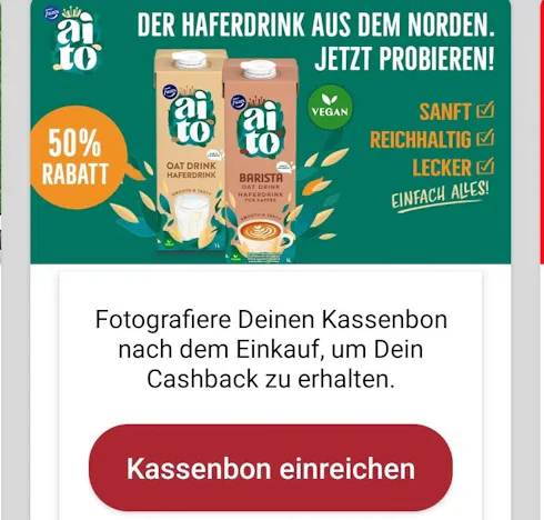 Scondoo: 50% Cashback beim Kauf von Fazer Aito Haferdrink bei Rewe