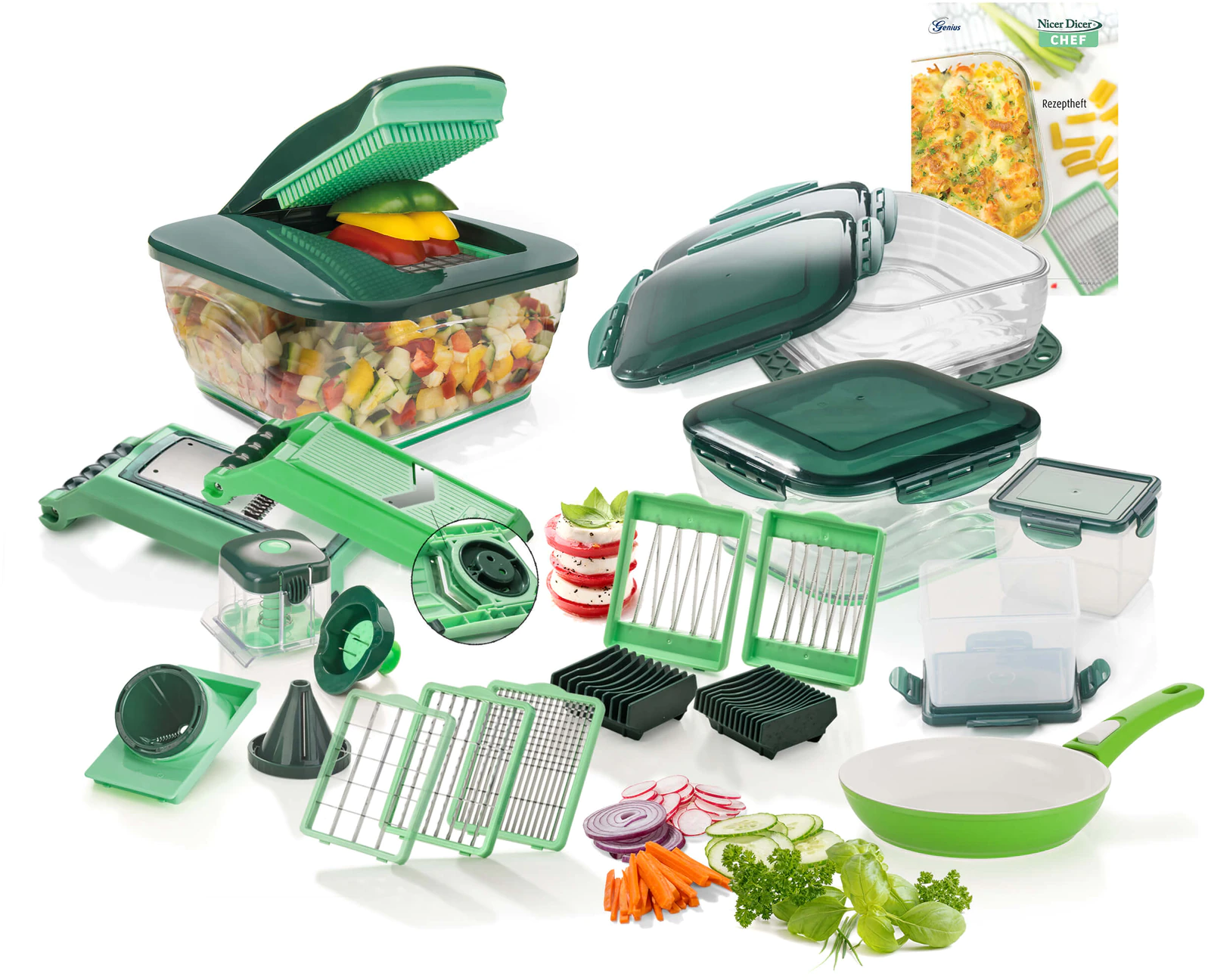 Genius Nicer Dicer Chef (35-tlg.) für 120€ – Deluxe-Gemüseschneider-Set in Grün mit Cerafit Pfanne