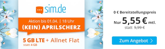 5 GB Sim.de Mega-Deal für 5,55€/Monat – 4+1GB LTE, Allnet- und SMS-Flat, EU-Roaming