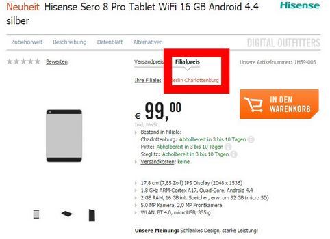 Preisfehler? Hisense Sero 8 Pro Tablet für 99€ bei Filiallieferung - 8" Tablet mit WiFi, 16 GB und Android 4.4 