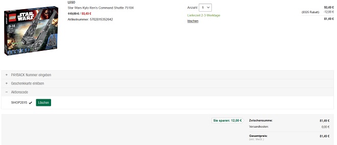 Lego Star Wars günstig durch 15% Rabatt + 12€ Gutschein bei Galeria-Kaufhof.de – z.B. Ren’s Command Shuttle für 82€
