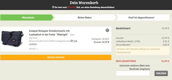 Günstige Eastpak-Taschen auf dealclub.de - z.B. Eastpak Rollout für 20€ oder Schultertasche mit Laptopfach für 27€