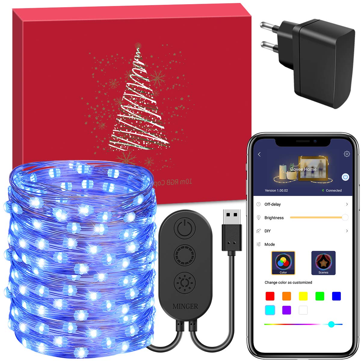 100 LEDs Lichterkette 10 Meter  APP steuert und  wasserdicht mit 7 Modi