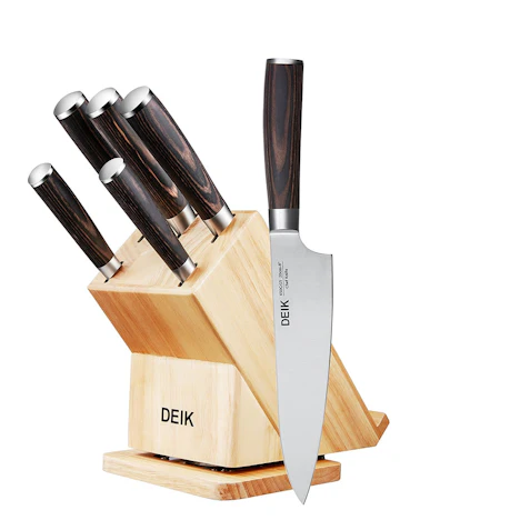 Messerblock Set, Edelstahl, Ergonomischer Holz-Griff, drehbarer Holzblock, 5-tlg
