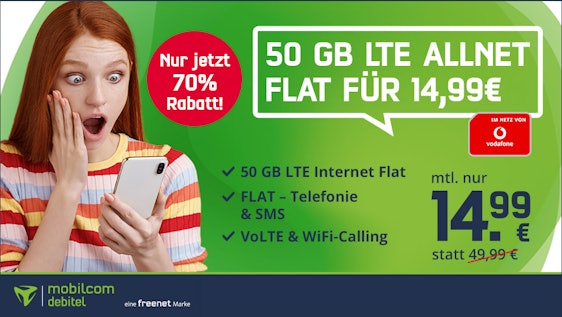 Verlängert! 50GB Vodafone green LTE für 14,99€/Monat 🏄📲 - 50GB LTE, Allnet- & SMS-Flat, EU-Roaming