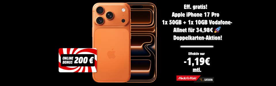 Eff. gratis! 🤩 Apple iPhone 17 Pro 🚀 mit 1x 50GB + 1x 10GB Vodafone-Allnet für 34,98€ mtl. | LETZTE CHANCE ⏰