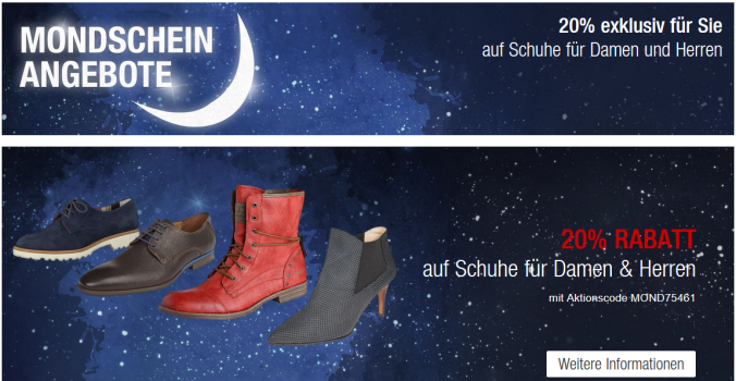 20% Rabatt auf Herren- und Damenschuhe bei den Mondscheinangeboten von Galeria Kaufhof