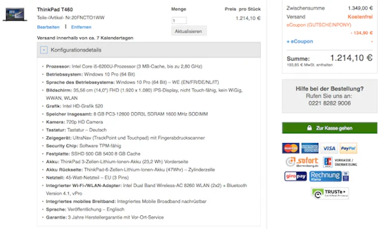10% Rabatt auf Lenovo ThinkPads – z. B. E460 mit i7-6500U, 8GB RAM, Radeon R7 M360 und 192GB SSD für 802€ *UPDATE*
