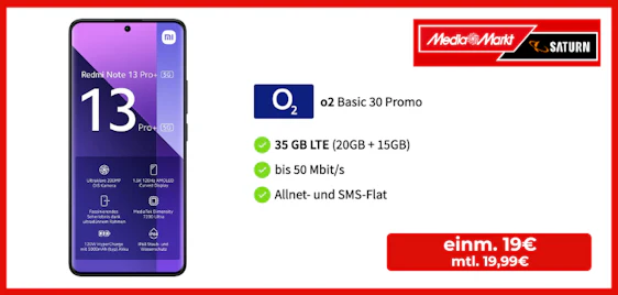 Eff. nur 9,77€! 🔥 Xiaomi Redmi Note 13 Pro+ 5G mit 35 GB o2-Tarif für nur 19,99€/Monat 🤩