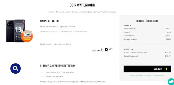 Xiaomi 13 Pro 5G (256 GB) im o2 Free Unlimited Max für 58€/Monat – Unlimitiertes Datenvolumen, 5G/LTE, Allnet- & SMS-Flat, EU-Roaming + 100€ Rufnummernmitnahme