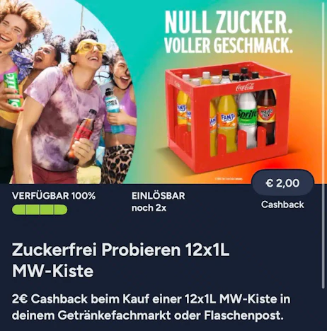 Coca-Cola Zuckerfrei: 2€ Cashback auf 12×1L Mehrweg-Kiste via Marktguru