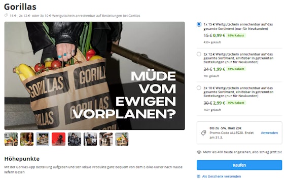 Gorillas Wertgutscheine bei Groupon ab 0,99€ – 15€ Wertgutschein für 0,99€, 2x 12€ für 1,99€ oder 3x10€ für 2,99€