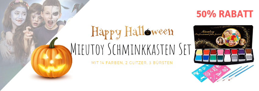 Halloween Schminkasten Set mit 14 Farben, 2 Glitzer, 3 Bürsten Code: 2U8J8F8W