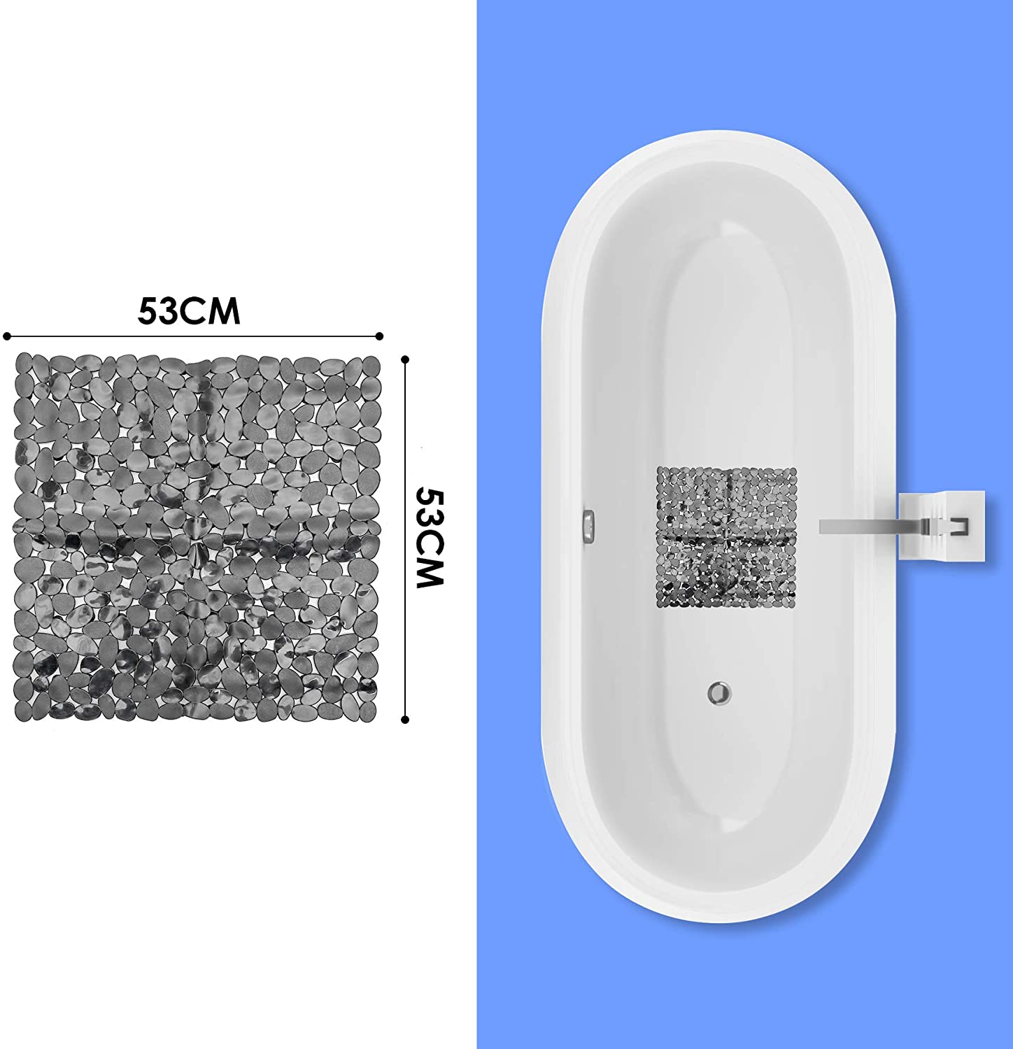 Hengda Grau Farbe Blau 53 x 53cm Badematte rutschfest Kiesel-Design mit Saugnapf und Ablaufloch 