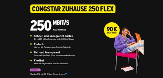 Bis zu 90€ Startbonus 🌐 Congstar Internet monatlich kündbar - z.B. 250 Mbit/s im 1. Monat für 5€