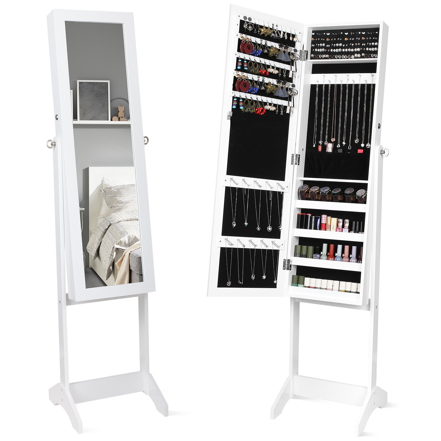 Schmuckschrank Standspiegel mit Klappspiegel abschließbarer Tür großem Organizer Ablage für Schlafzimmer Weiß Holz 36cm x 36cm x 152cm
