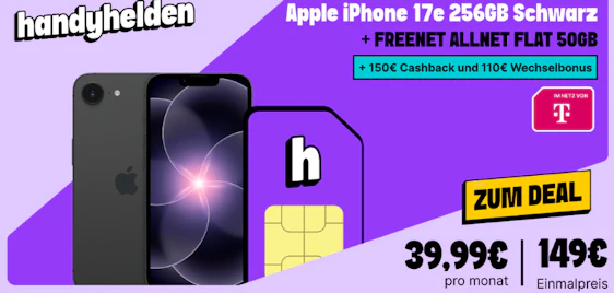 endet Samstag 🍏🔥 Apple iPhone 17e mit 50GB Telekom-Tarif 📱 für 39,99€ mtl.