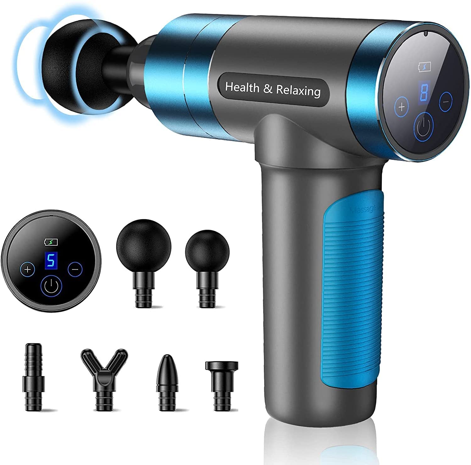 Massagepistole mit LED Anzeige 6 Massageköpfen und 5 Geschwindigkeiten, Blau