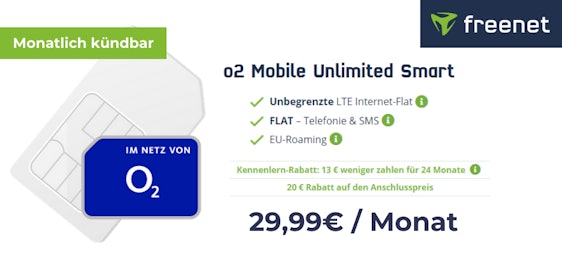 Monatlich kündbar! 📲 Unbegrenztes LTE-Datenvolumen für 29,99€ im Monat » o2 Unlimited Smart mit Allnet- & SMS-Flat