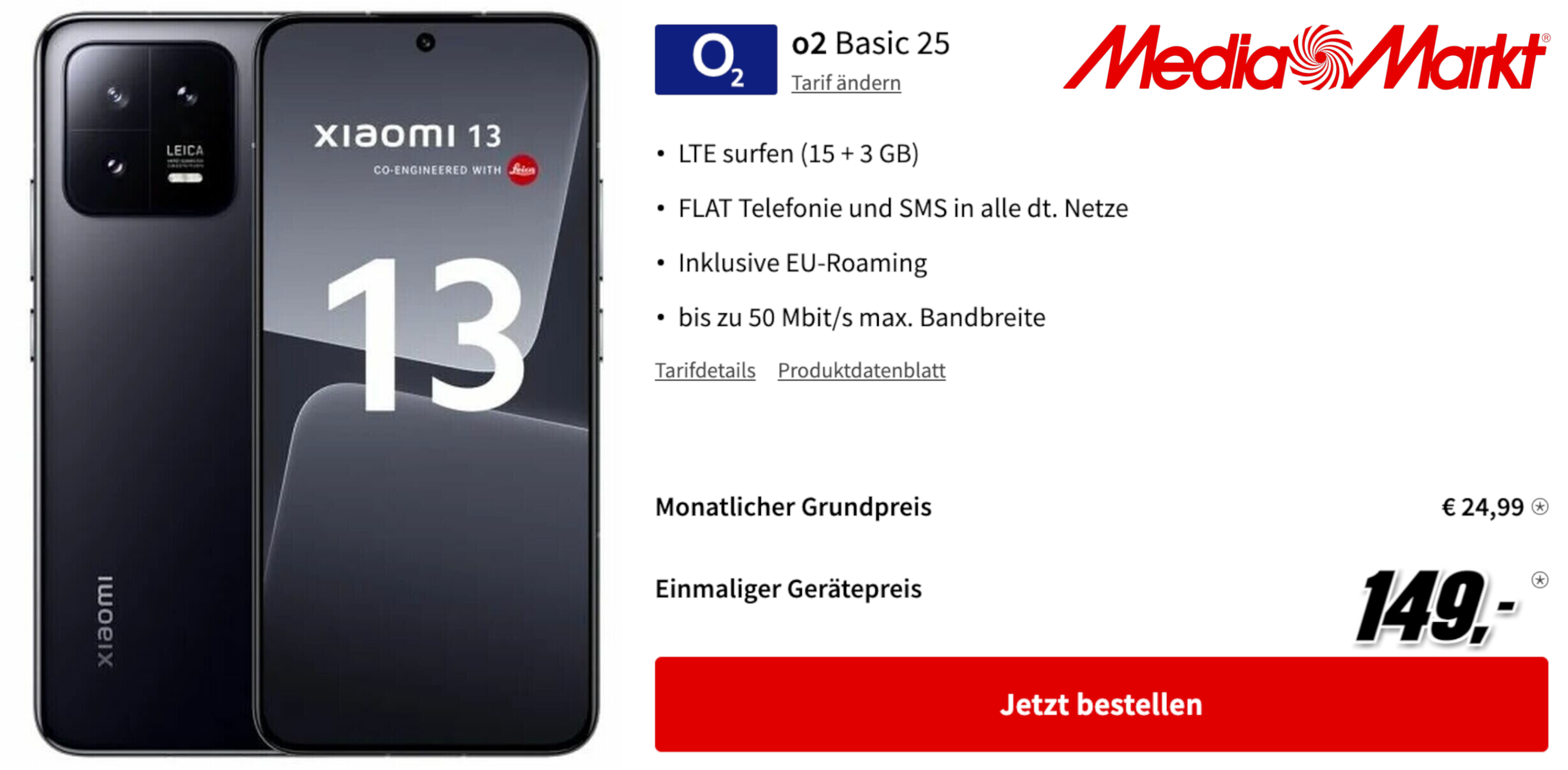 Xiaomi 13 5G (256GB) für 149€ + o2 Basic 25 für 24,99€/Monat - 18 GB LTE 50, Allnet- &amp; SMS-Flat, EU-Roaming