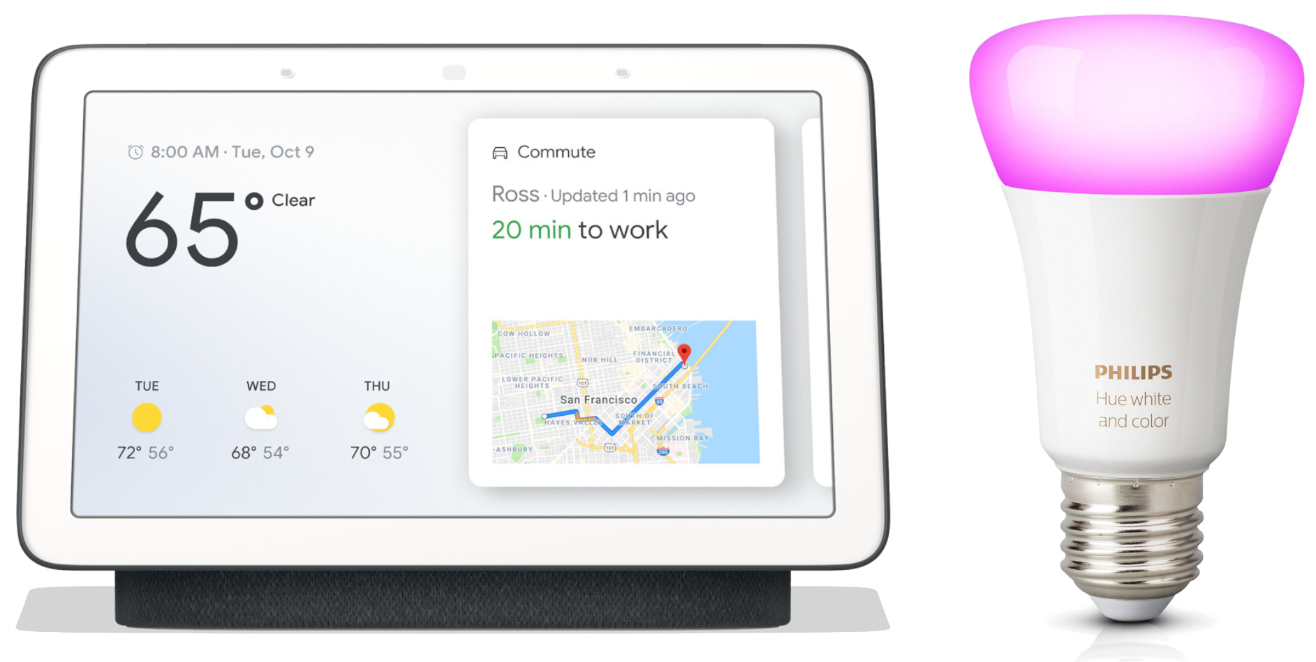 Google Nest Hub + Philips Hue White &amp; Color Ambiance E27 für 99€ - Smart Display mit Sprachsteuerung und Bluetooth-Leuchte