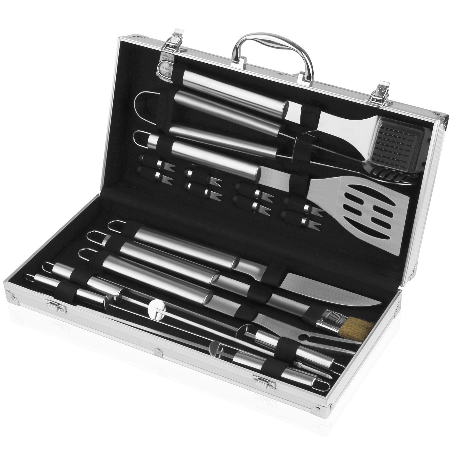 INTEY Grillbesteck Set 18-teilig aus Edelstahl Profi Barbecue Set im Aluminium Grillbesteck Koffer für Garten Feier, Silber