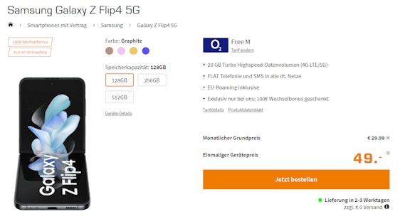Samsung Galaxy Z Flip4 im o2 Free M für 34€/Monat - 20GB LTE/5G, Allnet- & SMS-Flat, EU-Roaming + 100€ Wechselbonus