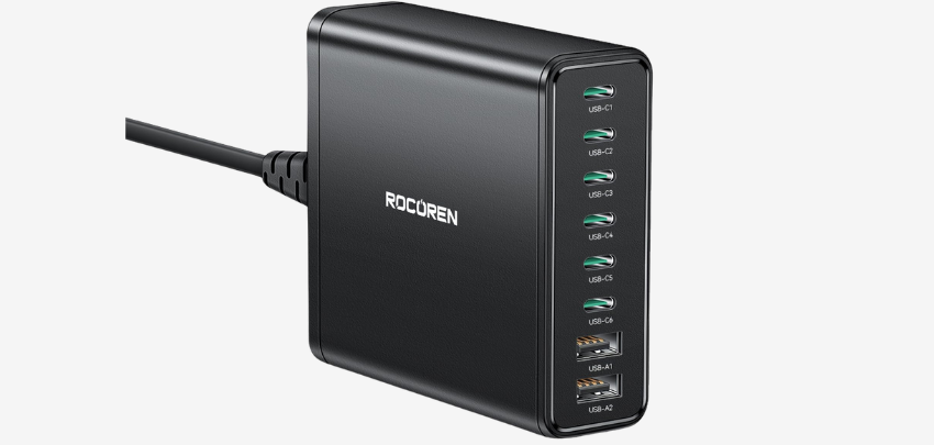 Rocoren USB-C Ladegerät für 34€ - 340W Gesamtleistung, 8-Port, GaN-Technologie