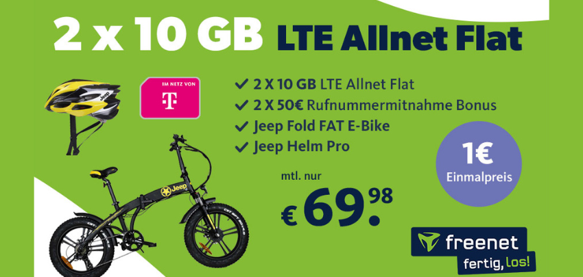 Jeep E-Bike für nur 1€! 🤩 Mit 2x 10 GB Telekom Allnet-Flat für zus. 69,98€ pro Monat - inkl. gratis Helm