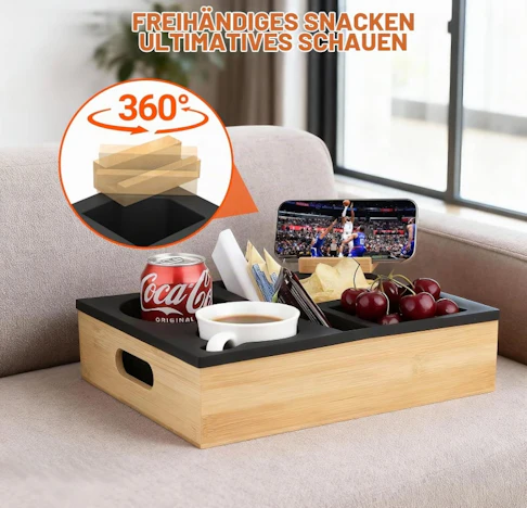 TUT Couchbar Snackbox mit 360Grad Handyhalter, Bambus Snackbox für Sofa mit Fächern