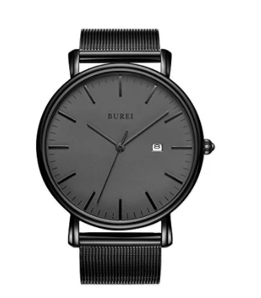 Burei Ultra Thin Black Minimalist Men's Watches with Date Day Men Rubber Sport Quartz Milanese Bracelet