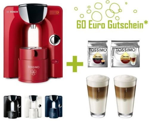 Bosch Tassimo Charmy inkl. 60€ Kapselgutschein + 2 Packungen Kaffee + 2 WMF-Gläser für 80€