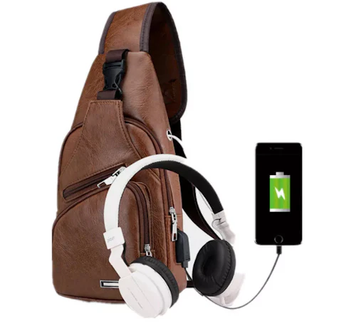 Herren Diebstahlschutz Brusttasche aus PU Leder mit USB Ladeschnittstelle