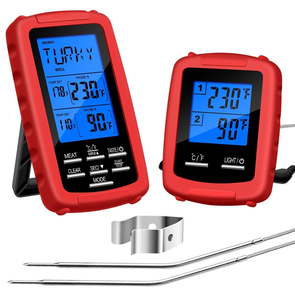 2 Sonden，Funk Bratenthermometer für BBQ Fleischthermometer mit Timer und Alarm für Grillen/ Küche