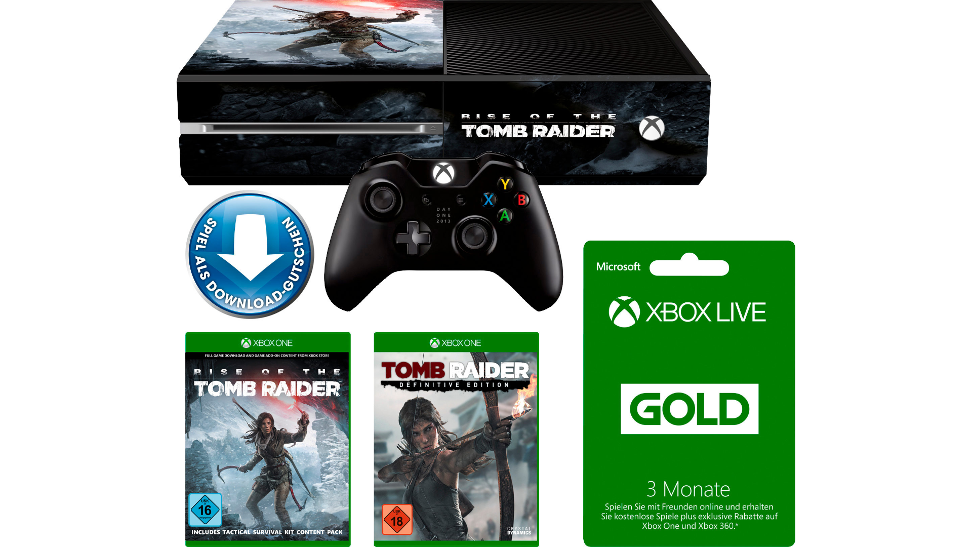Xbox One 1TB + Rise of Tomb Raider + Tomb Raider: Definitive Edition + 3 Monate Xbox Live ab 232€