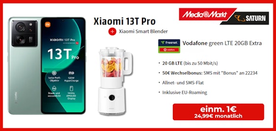 Zuzahlung gesenkt & effektiv GRATIS 🚀 Xiaomi 13T Pro & Smart Blender für einmalig 1€ im 20 GB Vodafone Allnet-Tarif für 24,99€ mtl.