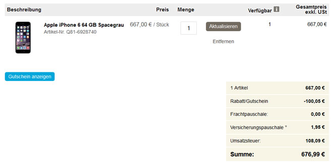 Apple iPhone 6 64GB für 675€ und 128GB für 760€