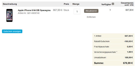 Apple iPhone 6 64GB für 675€ und 128GB für 760€