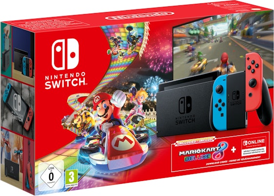 Nintendo Switch (neue Edition) + Mario Kart 8 Deluxe + 3 Monate Switch Online für 319€ - Handheld-Konsole in limitierter neon-rot/neon-blau Edition