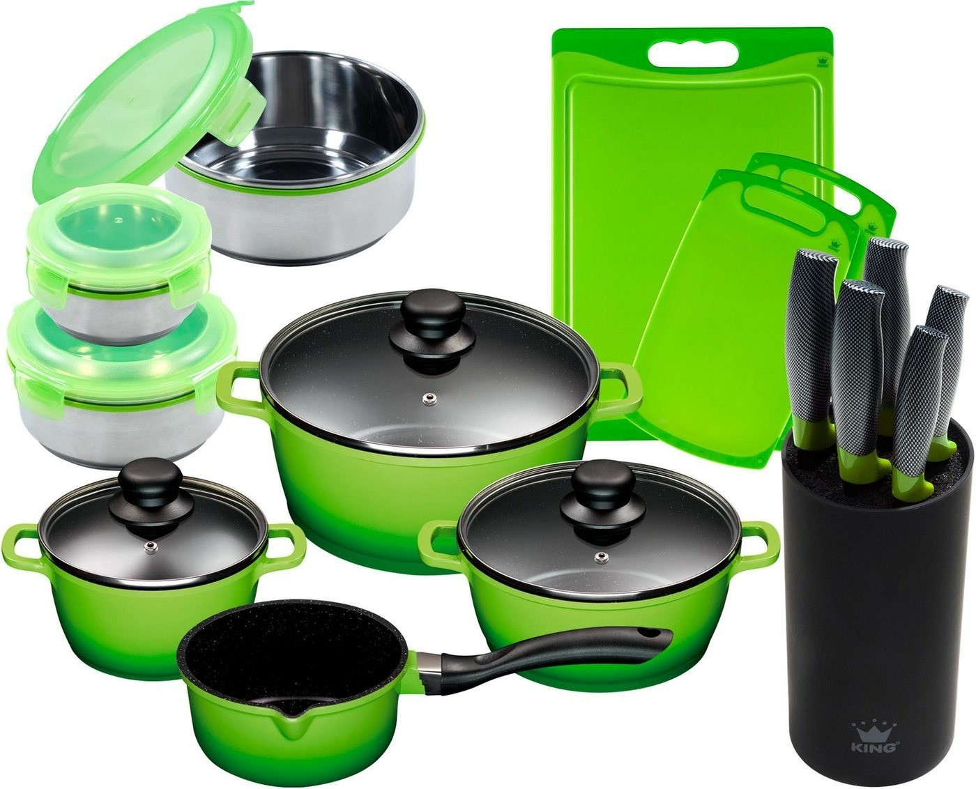40% Nachlass auf 15tlg. Kochtopfset Aluminiumguss, (Set, 15-tlg., 4 Töpfe, 3 Deckel, Messerblock, 5 Kochmesser, 3 Behälter, 3 Schneidebretter), Induktion