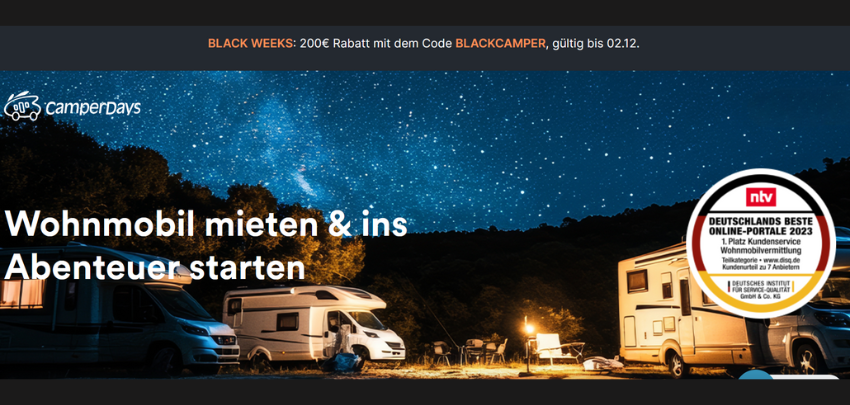 200€ Rabatt bei CamperDays Black Weeks – auf Campingbusse &amp; Wohnmobile, einlösbar ab 2.000€ 🖤