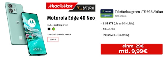 Eff. nur knapp 1€ mtl.! 😃 Motorola Edge 40 Neo + 6 GB LTE Allnet (o2-Netz)