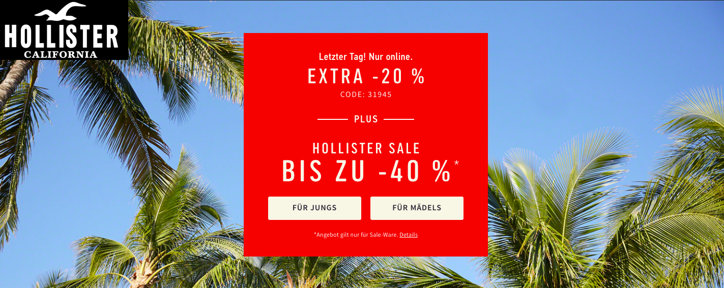 40% Rabatt im Sale + 20% Zusatz-Rabatt bei Hollister