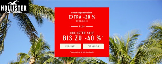 40% Rabatt im Sale + 20% Zusatz-Rabatt bei Hollister